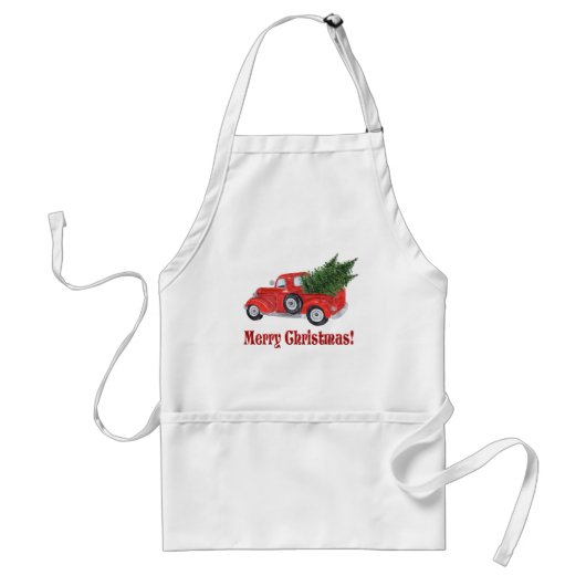 Red Truck en Tree Merry Kerstmis Standaard Schort (Voorkant)