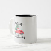Red Truck en Tree Merry Kerstmis Tweekleurige Koffiemok (Voorkant links)