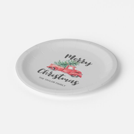 Red Truck en Tree Merry Kerstparty Papieren Bordje (Gekanteld)