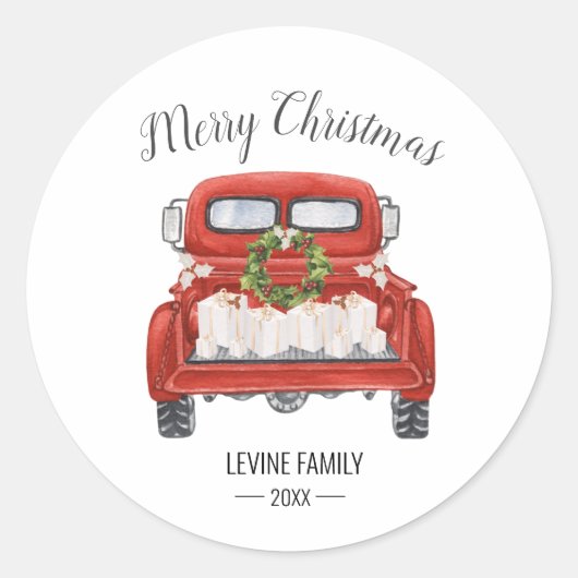  Red Truck Family Merry Kerstmis Ronde Sticker (Voorkant)