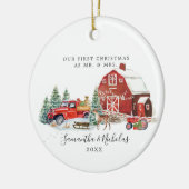 Red Truck First Christmas as Mr. en Mrs. Keramisch Ornament (Links)