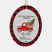 Red Truck First Kerstgehuwd met Buffalo Pset Keramisch Ornament (Rechts)