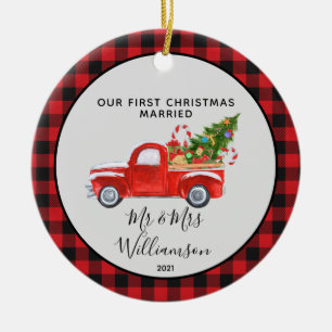 Red Truck First Kerstgehuwd met Buffalo Pset Keramisch Ornament