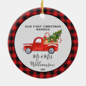Red Truck First Kerstgehuwd met Buffalo Pset Keramisch Ornament (Achterkant)