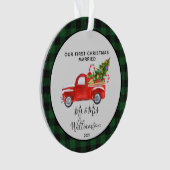 Red Truck First Kerstgehuwd met Buffalo Pset Ornament (voorkant)