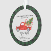 Red Truck First Kerstgehuwd met Buffalo Pset Ornament (voorkant)