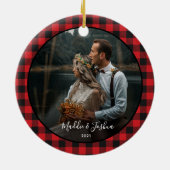 Red Truck First Kerstmis Engaged Photo Pset Keramisch Ornament (Achterkant)