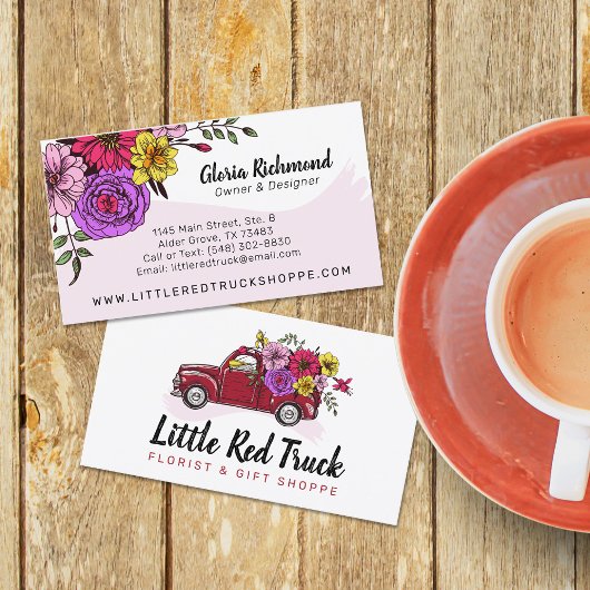 Red  Truck & Flowers Cute Country Floral Visitekaartje