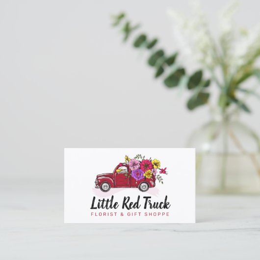 Red  Truck & Flowers Cute Country Floral Visitekaartje (Staand voorkant)