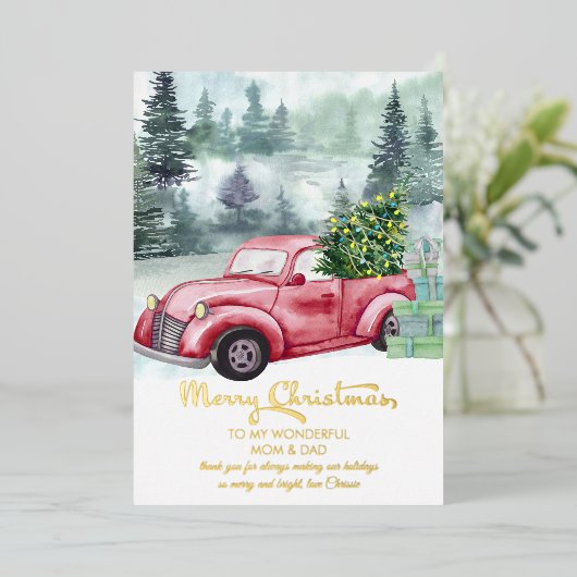  Red Truck Gold van mama en papa Folie Feestdagenkaart (Staand Voorkant)