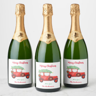 Red Truck Green Tree Holiday Sparkling Wijnetiket
