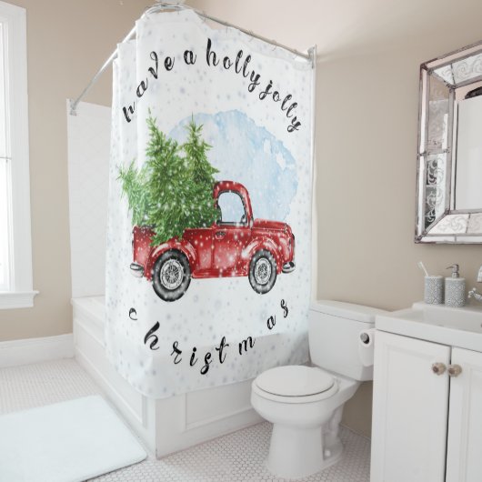  Red Truck heeft een Holly Jolly Kerstmis Douchegordijn (In situ)