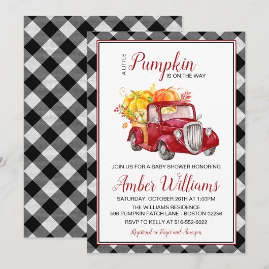 Red Truck Herfst Pumpkin Baby shower Uitnodiging (Voorkant / Achterkant)