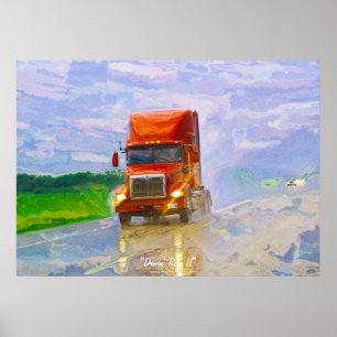 Red Truck Highway Rijden in het Regen Art Poster 4