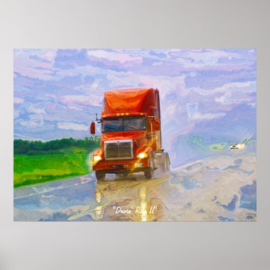 Red Truck Highway Rijden in het Regen Art Poster 4 (Voorkant)