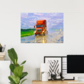 Red Truck Highway Rijden in het Regen Art Poster 4 (Thuiskantoor)