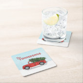 Red Truck in Winter Snowflakes Personeelskleding Kartonnen Onderzetters (Insitu)