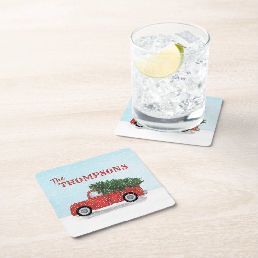 Red Truck in Winter Snowflakes Personeelskleding Kartonnen Onderzetters (Insitu)