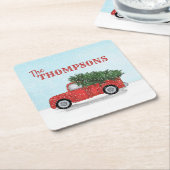 Red Truck in Winter Snowflakes Personeelskleding Kartonnen Onderzetters (Schuin)