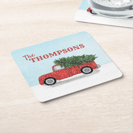Red Truck in Winter Snowflakes Personeelskleding Kartonnen Onderzetters (Schuin)