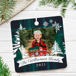 Red Truck kerstboom Delivery Navy Pset Photo Metalen Ornament