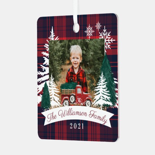 Red Truck Kerstboom levering Rode Pset foto Metalen Ornament (Voorkant links)