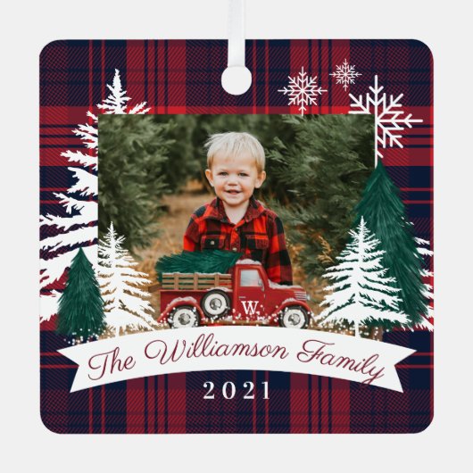 Red Truck Kerstboom levering Rode Pset foto Metalen Ornament (Voorkant)