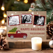  Red Truck Kerstboom Sneeuwretrofoto Feestdagenkaart