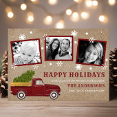  Red Truck Kerstboom Sneeuwretrofoto Feestdagenkaart