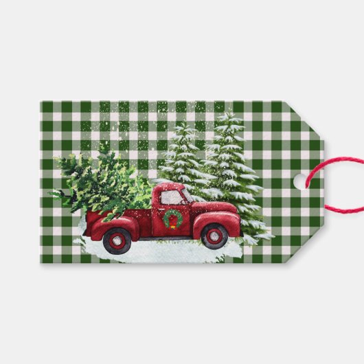 Red Truck Kerstboom Snow Flakes Cadeaulabel (Voorkant (Horizontaal))
