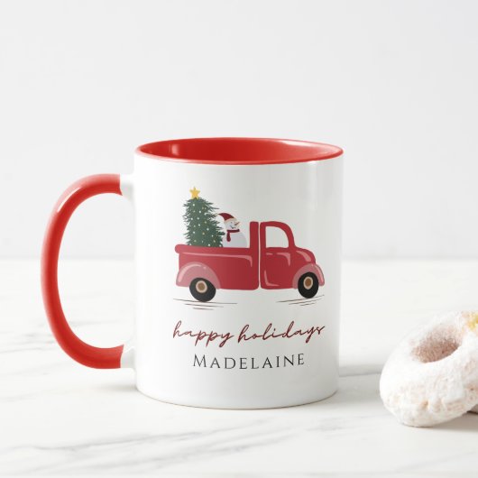 Red Truck Kerstboom Snow Man Name Holiday Mok (Met donut)