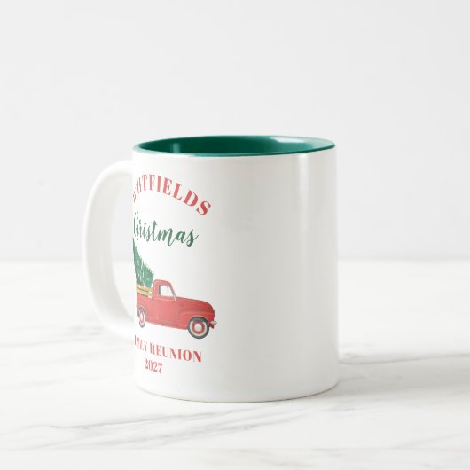 Red Truck-kerstfamilie — aangepast Tweekleurige Koffiemok (Voorkant links)