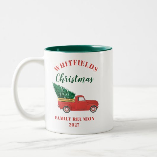 Red Truck-kerstfamilie — aangepast Tweekleurige Koffiemok (Links)