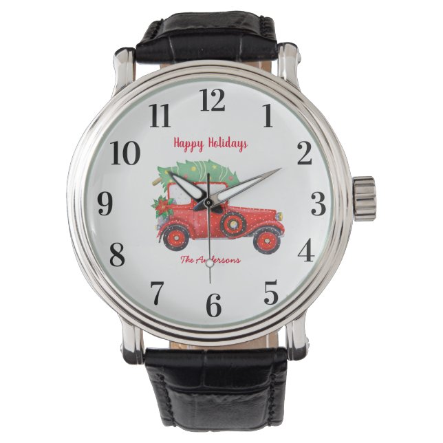 Red Truck Kerstfeestdag Horloge (Voorkant)