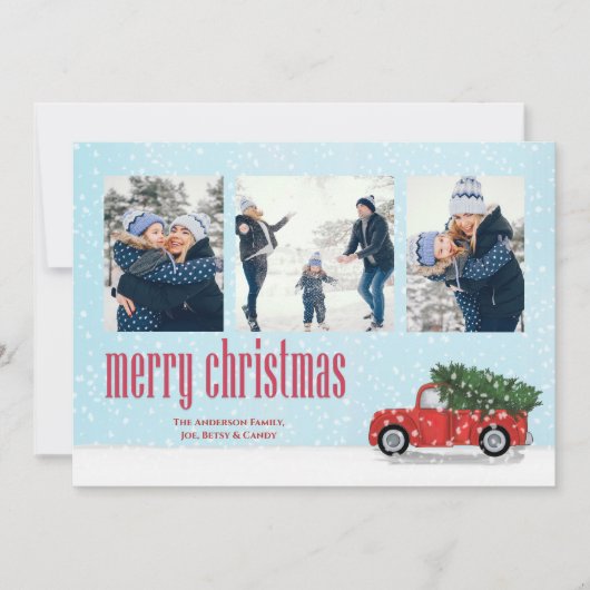  Red Truck Kerstfotokaart 3 Foto Feestdagenkaart (Voorkant)