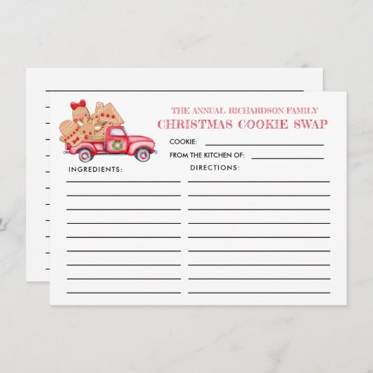 Red Truck Kerstkoekje Swap Recipcard Informatiekaartje (Voorkant / Achterkant)