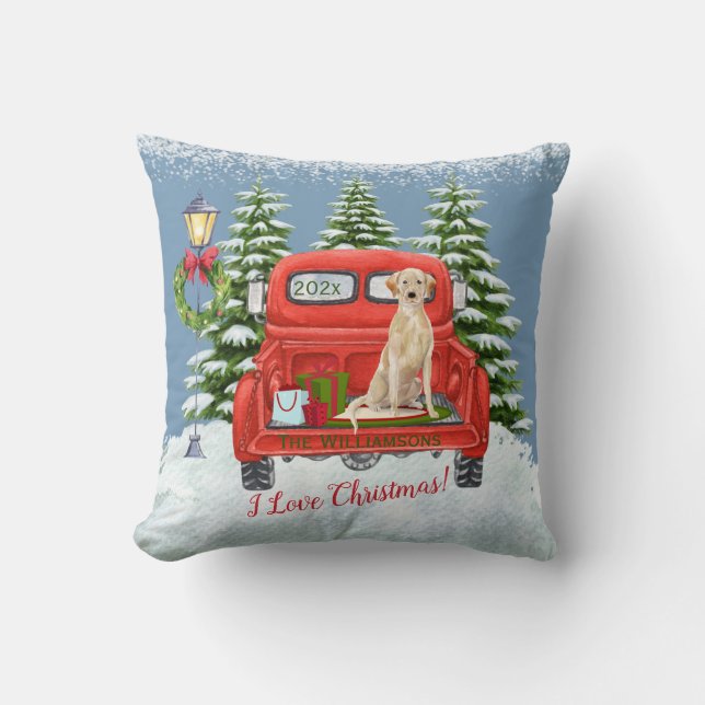  Red Truck Lab Retriever Sneeuwfamilie naam   Kussen (Voorkant)