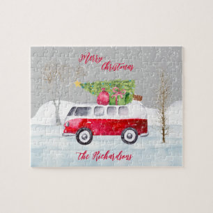 Red Truck Merry kerst Gray Jigzaag Puzzle Legpuzzel
