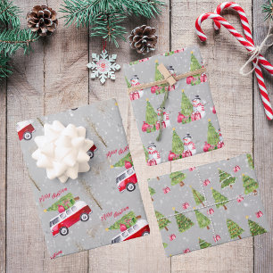 Red Truck Merry kerst Grey Wrapping Paper