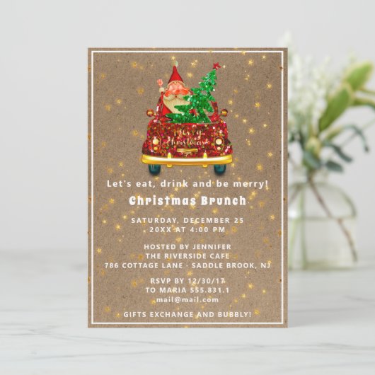 Red Truck Merry kerstboom Brunch Dinner Rusti Kaart (Staand voorkant)
