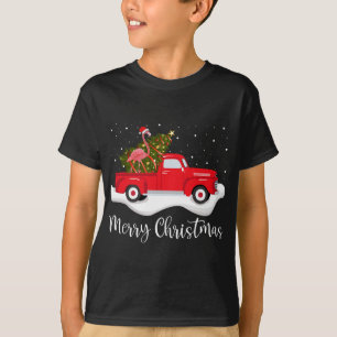 Red Truck Merry kerstboom Flamingo Kerstmis T-shirt
