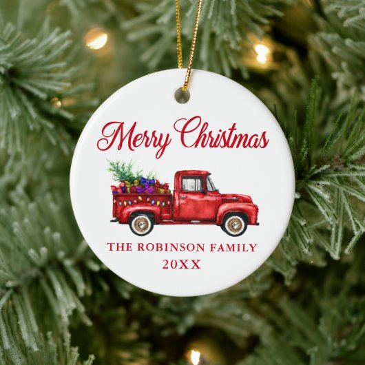 Red Truck Merry kerstboom Geschenken Naam Jaar Keramisch Ornament (Boom)