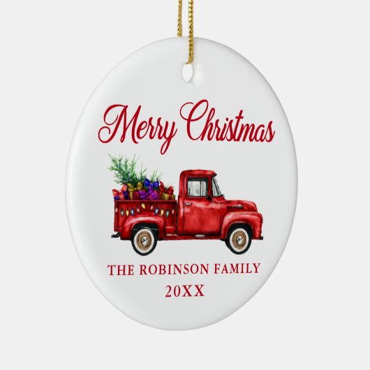 Red Truck Merry kerstboom Geschenken Naam Jaar Keramisch Ornament (Rechts)