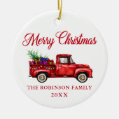 Red Truck Merry kerstboom Geschenken Naam Jaar Keramisch Ornament (Voorkant)