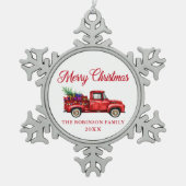 Red Truck Merry kerstboom Geschenken Naam Jaar Tin Sneeuwvlok Ornament (Voorkant)