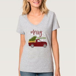 Red Truck Merry Kerstboom Retro T-shirt