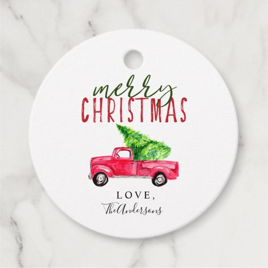 Red Truck Merry-kerstboom Waterverf schattig Bedankjes Labels (Voorkant)