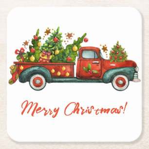 Red Truck Merry kerstboomgroet Kartonnen Onderzetters