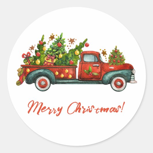 Red Truck Merry kerstboomgroet Ronde Sticker (Voorkant)