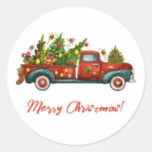  Red Truck Merry kerstboomgroet Ronde Sticker